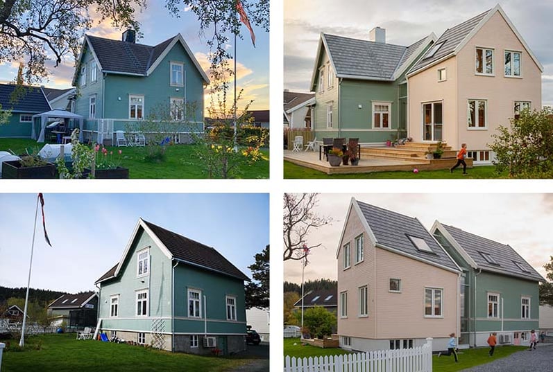 Kollasj som viser enebolig i Trondheim før og etter ombygningen.