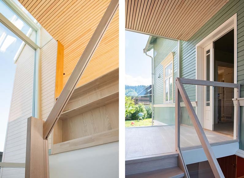 Detalj av den lyse trappeoppgangen i det nye mellombygget i glass som forbinder to delene av eneboligen i Trondheim.