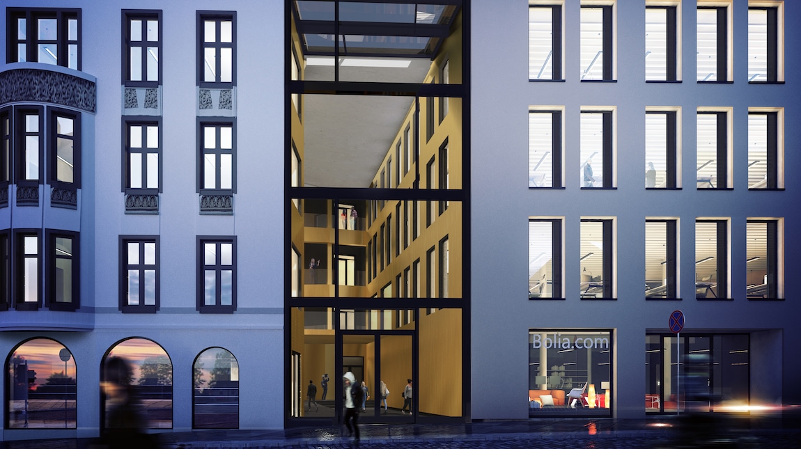 Schüco infill-fasade mellom to eldre bygg i Bergen sentrum